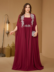 Conjunto de Dos Piezas de Vestido de Noche Elegante para Mujer, Color Borgoña, Manga Larga Tipo <span class=keywords><strong>Capa</strong></span>, con Lentejuelas y Parches, Ajustado, de Gasa - Product Image 5