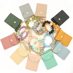 Bracelet de perles en Silicone pour hommes, porte-cartes de couleur unie, pochette de carte en cuir