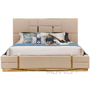 Современная мебель для хранения, двойные кровати из натуральной кожи, итальянская роскошная кожаная кровать большого размера с золотыми краями - Product Image 2