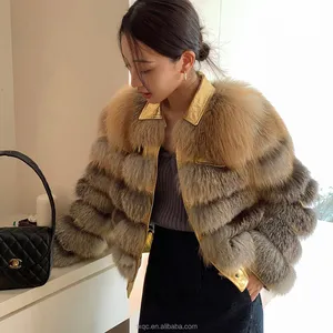 Mantel bulu emas wanita, jaket bulu rubah asli dipotong sesuai pesanan
