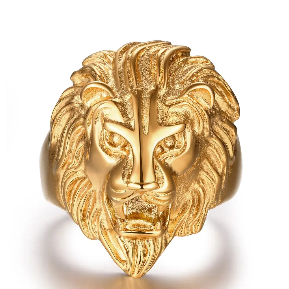 European Hot Sale Punk Hips Hops Jewelry Men's 18K Gold Tone 316L Stainless Steel Lion Head ring