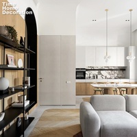 Ensemble de cuisine écologique de style japonais, armoires blanches brillantes, unité de base en MDF, placage de bois durable avec plan de travail en marbre