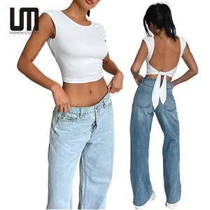 Liu Ming Schlussverkauf Sommer Damenbekleidung solide Farbe Y2K Kurzarm rückenfrei Slim Fit sexy XS Crop Tops einfaches T-Shirt