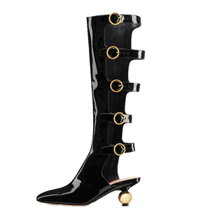 Summer Belt Buckles Women Knee High <b>Boots</b> Round Gold Ball Heels Patent Long Booties Square Toe Back Cut Out Sandals Shoes - Product Image 5
