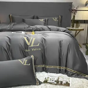 2024 Hot Selling Luxury Embroidery Satin Silk 4 Piece Quilted Bedsheet Bedding Set Filling With Silky Cotton Bed Sheets Set