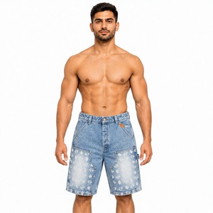 Men's High Waist Distressed Denim Cargo <b>Shorts</b> With Pockets Summer Casual Style Ripped <b>Woven</b> Fabric Light Blue Color <b>Shorts</b> - Product Image 1