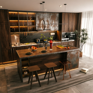 Meubles de cuisine haut de gamme BALOM sur mesure, <span class=keywords><strong>style</strong></span> <span class=keywords><strong>industriel</strong></span> moderne en noyer, avec îlot et éclairage LED intelligent - Product Image 1