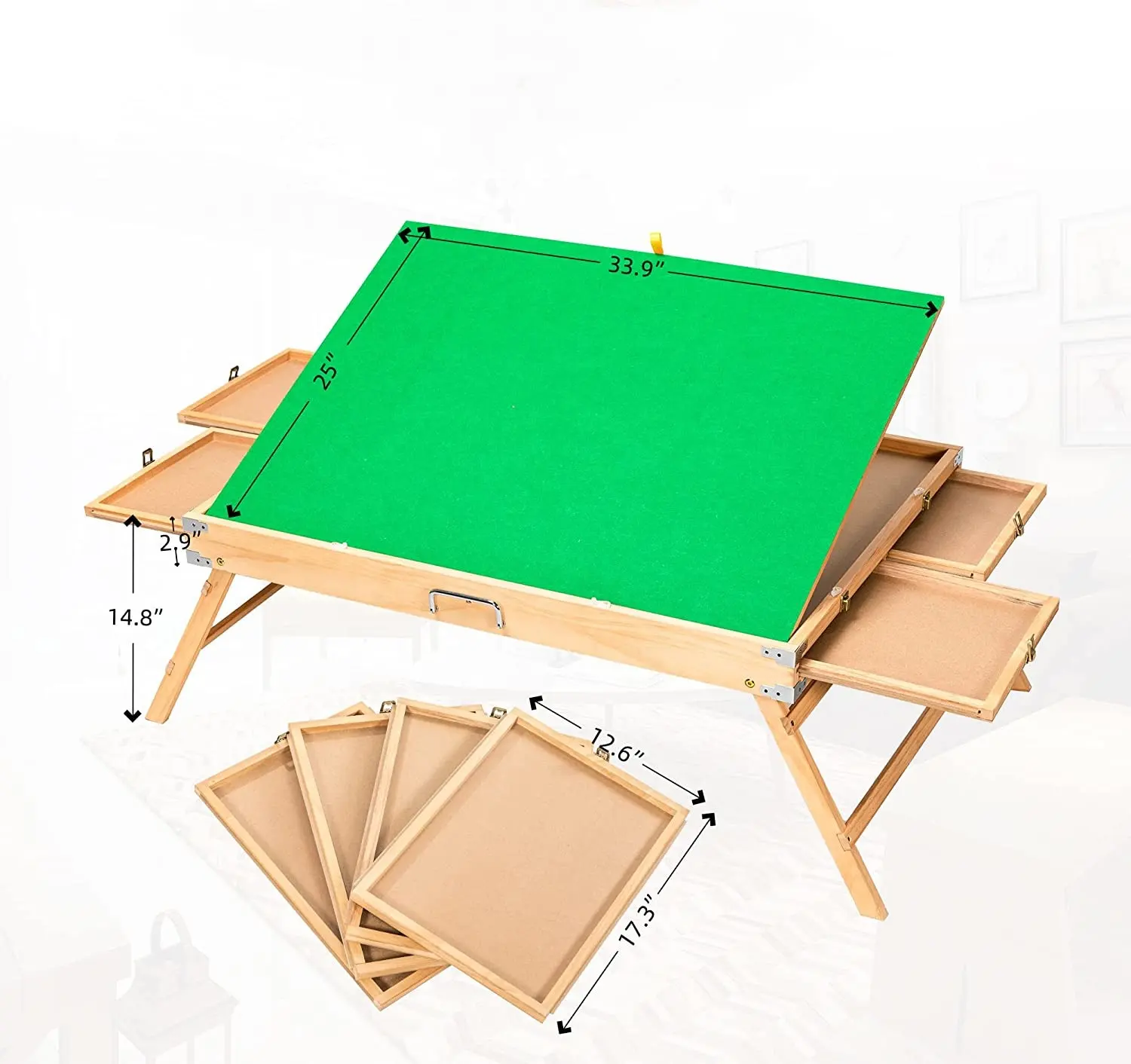 OEM लकड़ी पहेली टेबल निर्माता लकड़ी के खेलने के साथ टेबल पोर्टेबल झुकाना पहेली बोर्ड छँटाई दराज और पैर