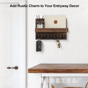Wooden Wall-Mounted Storage Rack With Large <b>Hooks</b> And Deep <b>Shelf</b> For Entryway Key And Household Items - Product Image 4