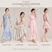 Ensemble deux pièces rose floral pour femme, col carré, manches bouffantes, jupe longue, romantique, personnalisable, OEM, marque privée