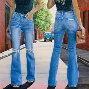 กางเกงยีนส์ผู้หญิงสีฟ้าอ่อน ยืดหยุ่นสูง ระบายอากาศได้ดี ทรงขาบาน กระดุมสวยหรู เอวสูง สไตล์ลำลองสำหรับฤดูร้อน ขายส่งราคาถูก - Product Image 2