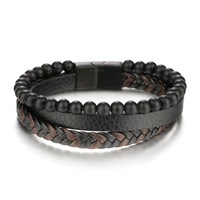 Herren schwarz und braun Leder Edelstein schwarz plattiert Edelstahl Verschluss Armband für den Großhandel
