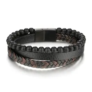Wholesale bracelet lv men-Mens Black And Brown Leather Gemstone Black plated Stainless Steel Clasp Bracelet For Wholesale