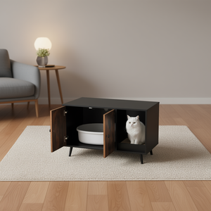 Enclos pour litière de chat à double porte, noir, bois naturel, maison moderne pour animaux de compagnie, armoire intérieure pour chats, taille moyenne - Product Image 2