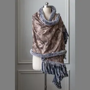 luxury latest classic large size winter cashmere scarf women stole and shawls for women with rabbit fur trim all around