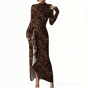 <span class=keywords><strong>Robe</strong></span> longue décontractée à manches longues pour femmes 2025, imprimé léopard, taille haute, fente haute, volants, robes sexy pour femmes - Product Image 2