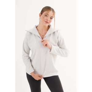 Suéter gris de punto para mujer al por mayor, con media cremallera, manga larga, informal y antipilling - Product Image 3