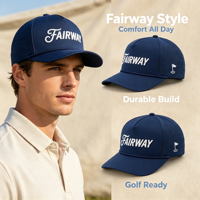 Gorra de golf azul marino vintage con visera plana, perforaciones cortadas a láser, logotipo bordado en 3D, cuerda y 5 paneles, ajustable con cierre a presión, para venta al por mayor