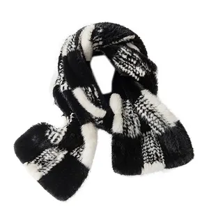 Luxury Genuine Mink Fur Scarf Winter Knitted Grid Long Neck Fur Scarves For Ladies