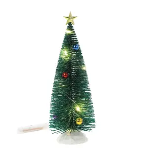 Christmas Home Tabletop Ornaments LED Light Up Miniature Sisal Bottle Brush Trees