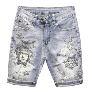 กางเกงยีนส์ขาสั้นผู้ชายสไตล์สตรีทกลางเมือง ระบายอากาศได้ดี สำหรับฤดูใบไม้ผลิ/ฤดูร้อน ผ้าฝ้ายเดนิม พิมพ์ลายเฉพาะตัว ทรงเข้ารูป ล้างแบบวินเทจ ขายส่ง - Product Image 1