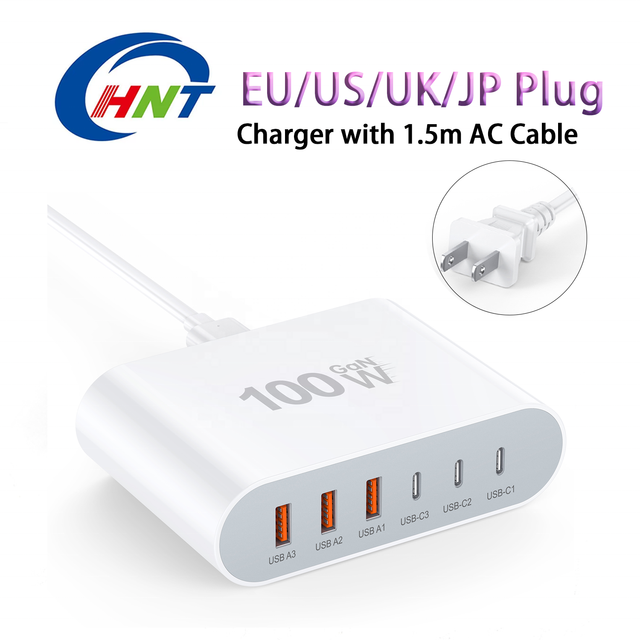 HNT 100W PD 6-ports Fast Charger with 1.5m AC Cable 100W Universal Travel Adapter for iphone Laptop with CE FCC Certification