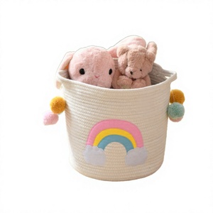 Panier de rangement en corde de coton nuage arc-en-ciel mignon avec poignées pompons, organisateur de jouets pour enfants, bac tissé pliable - Product Image 4