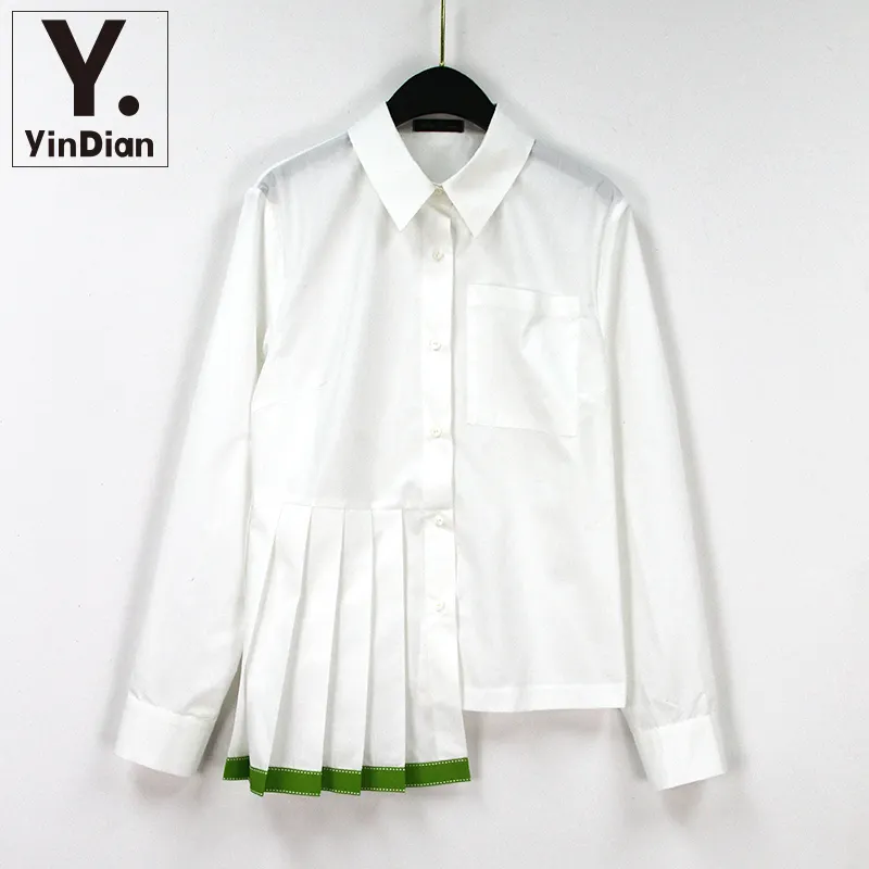 Yindian geplooide witte shirt vrouwen lange mouw turn-down kraag casual shirt voor kantoor stijl