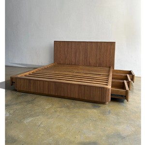 Mid-Century Modern Solid Teak Wood Platform Wall <b>Bed</b> Frame King <b>Size</b> Fluted Storage Drawers Hand Eco-Friendly Fluttedstorage Mid - Product Image 1