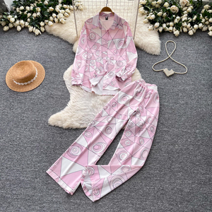 Completo da <span class=keywords><strong>donna</strong></span> a due pezzi con stampa astratta, camicia a maniche lunghe con bottoni e pantaloni a gamba larga, outfit casual per primavera, autunno e vacanze. - Product Image 3