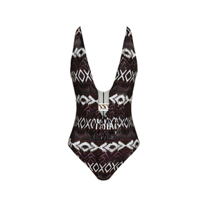 Costume da bagno intero HDJ con scollo a V profondo, controllo della pancia, motivo geometrico, vita alta, costume da bagno da donna, taglia 38 40 42 44 - Product Image 1
