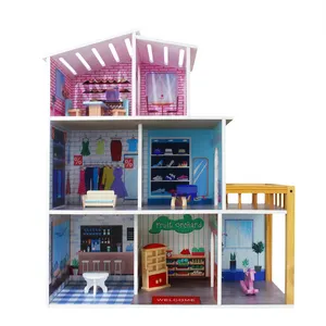 新款经典木制娃娃屋彩色儿童三层教育拼图DIY玩具维多利亚式娃娃屋带小凉亭