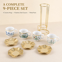 Nouvel ensemble de quatre tasses en céramique rétro créatives avec design empilable 3D et support en fer pour tasses à lait/café/eau, motif floral