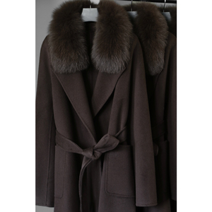 Abrigo de lana de Cachemira de doble cara para mujer al por mayor, gabardina <span class=keywords><strong>larga</strong></span> con cuello de piel de zorro Real, prendas de vestir exteriores de moda de invierno - Product Image 2