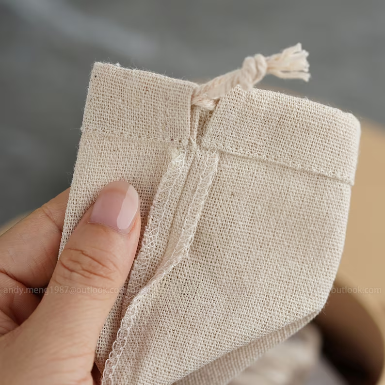 drawstring bag linen natural logo gold