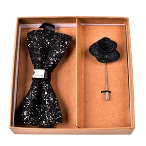新设计黑色水晶闪烁领结和男士胸针礼品套装