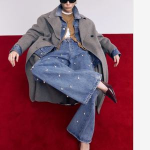 Pantalones de mezclilla de mujer personalizables de cintura alta, de pierna ancha, estilo urbano, casuales, con perlas - Product Image 1