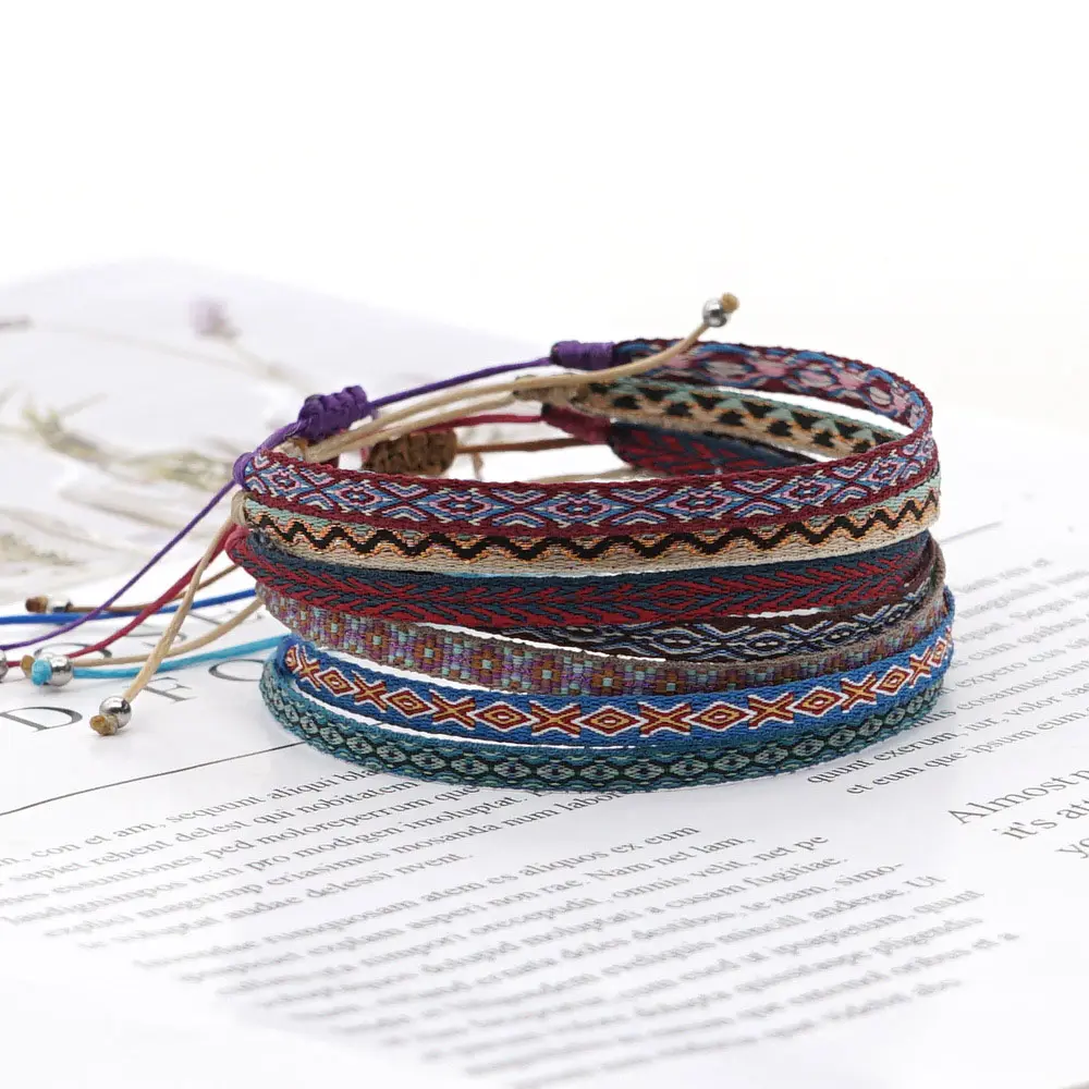 Pulseira ajustável artesanal de tecido, bracelete de corda trançada artesanal de malha para mulheres, joias étnicas