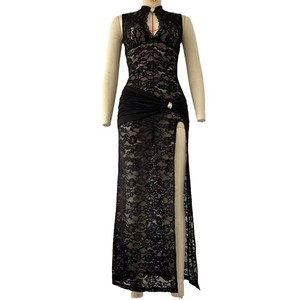 Robe longue en dentelle pour femme, sans manches, avec fente haute, en dentelle transparente, col mandarin, pour mariage et soirée, tendance - Product Image 4