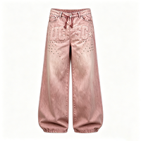Jean cargo ample en denim rose délavé pour homme avec patch 3D et strass, taille à cordon de serrage
