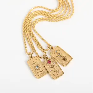 Twisted Chain Vintage Relief 18K Gold Plated Zircon Stone Sun God Rose Eight-pointed Star Tarot Jewelry Women Pendant Necklace