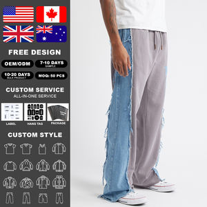Pantalon de survêtement évasé KingSen de haute qualité, personnalisé, bicolore, taille mi-haute élastique, style hip-hop, en coton pour homme, avec empiècements latéraux en jean, streetwear - Product Image 2