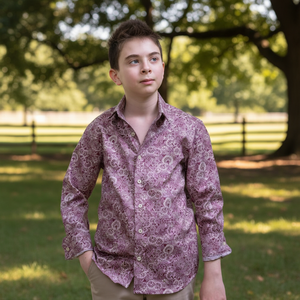 Chemise habillée pour enfant en coton 100% écologique, motif Paisley bordeaux, manches longues - Product Image 3