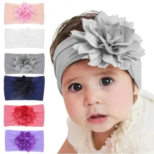 Popular suave de Nylon cinta elástica para la cabeza del bebé con flor grande de Europa y los Estados Unidos gran oferta accesorios para el cabello
