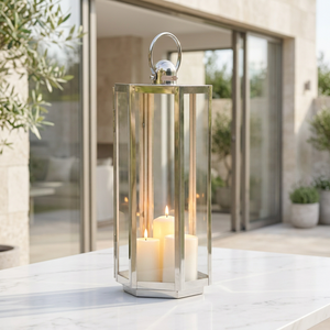 Modern Luxury Home Decorations Hexagon Shape Tall Metal Candle Holder <b>Lantern</b> in Glossy Stainless Steel - Product Image 1