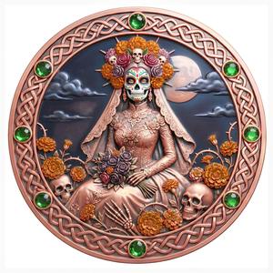 Moneda Conmemorativa del Desafío Noche Iluminada por la Luna: La Catrina, Novia Esqueleto, Velo <span class=keywords><strong>de</strong></span> Novia, Ramo <span class=keywords><strong>de</strong></span> Flores, 1oz. 999 Cobre, del Fabricante - Product Image 1