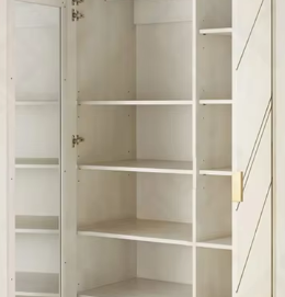 ตู้เสื้อผ้าไม้ทันสมัยสีขาวสองประตูตู้เสื้อผ้าไม้ระแนงมีบานพับกระจกยาวเต็มและชั้นวางปรับได้ - Product Image 4