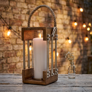 High Quality Handmade Wooden Lantern with Stainless Steel Stripes <b>Table</b> Hanging Use for Home Decoration Candle Holder Comes Box - Product Image 1