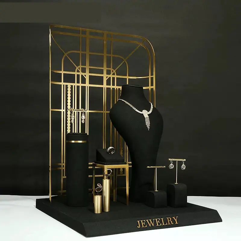 Popular Velvet Cone Jewelry Display Wooden Black And Gold Jewelry Display Stand Set Home Decor