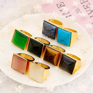 Anillos de piedras preciosas gruesas sin deslustre PVD Anillo de piedra natural de acero inoxidable chapado en oro para mujer